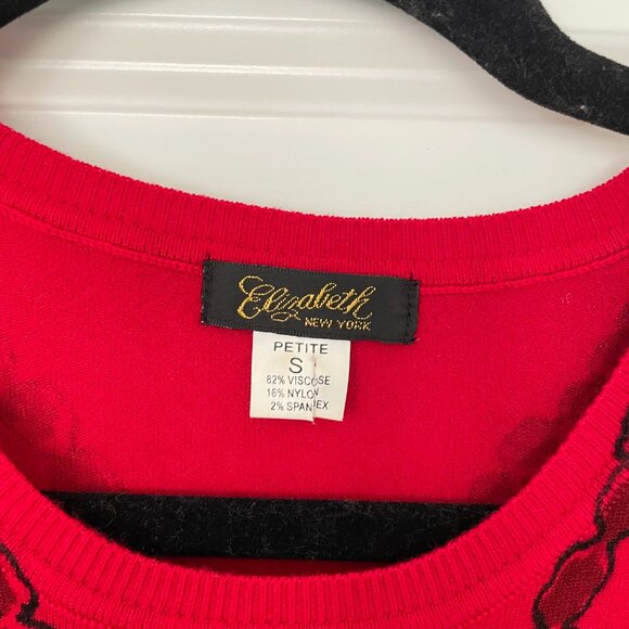 Vintage Elizabeth New York Red Beaded Sweater, Petite Small, Black Bead Applique - Picture 3 of 6